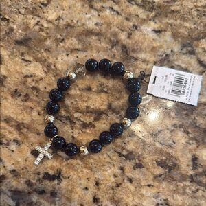 Black Beaded Bracelet with Silver Cross Charm